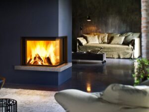 cheminée foyer bois MCZ plasma 75 DX angle vitré porte relevable