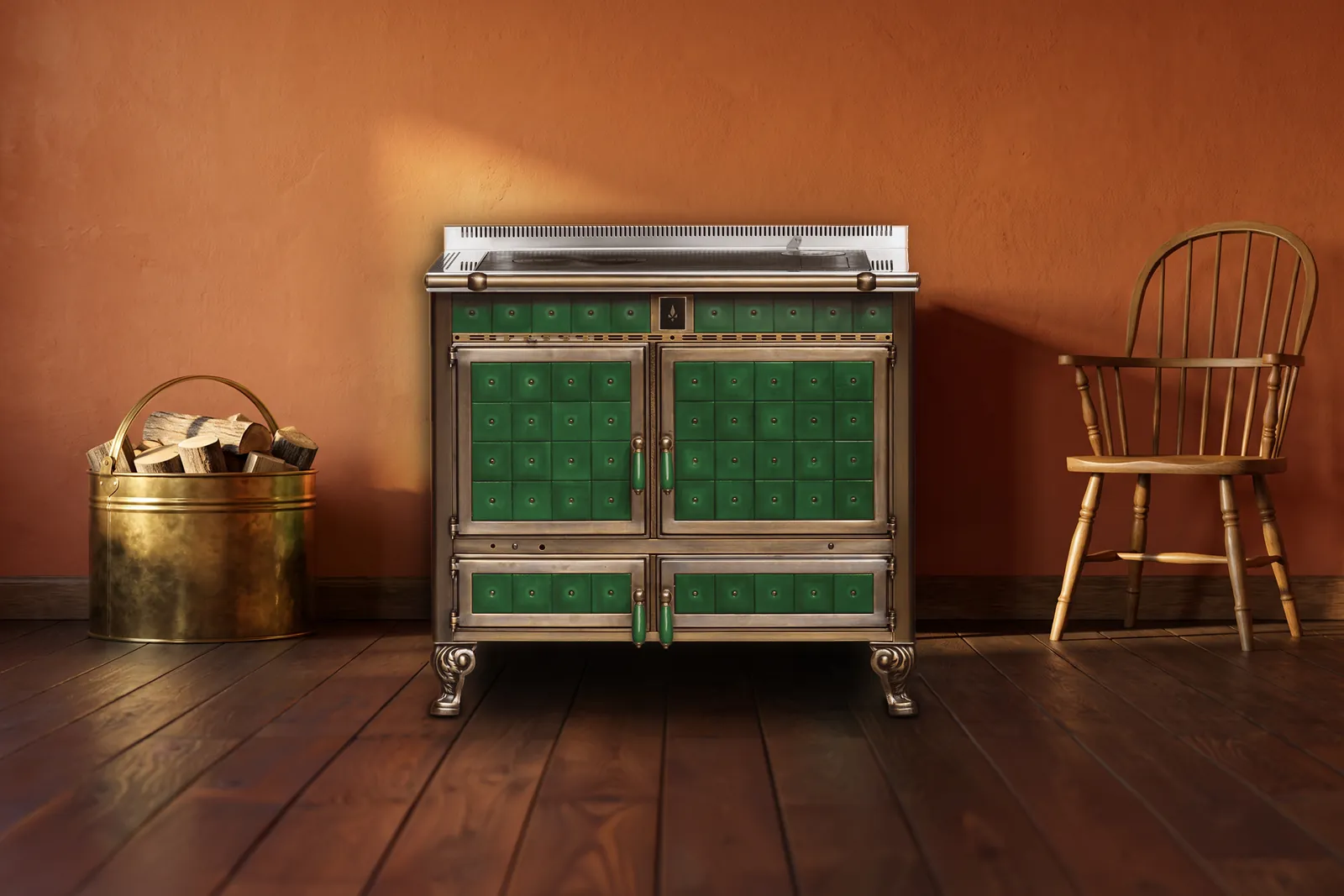 Cuisinière à bois Archambaud Origine 100 en faïence verte et bronze dans une cuisine d’auberge de campagne, mur ocre rouge et parquet ancien