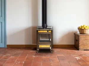 Cuisinière à bois Archambaud Origine 60 en faïence jaune ocre dans une cuisine de campagne italienne, sol en tomettes de terre cuite
