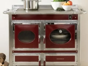 Cuisinière à bois Archambaud Prestige 100 émaillée bordeaux et chrome, foyer vitré et four à bois